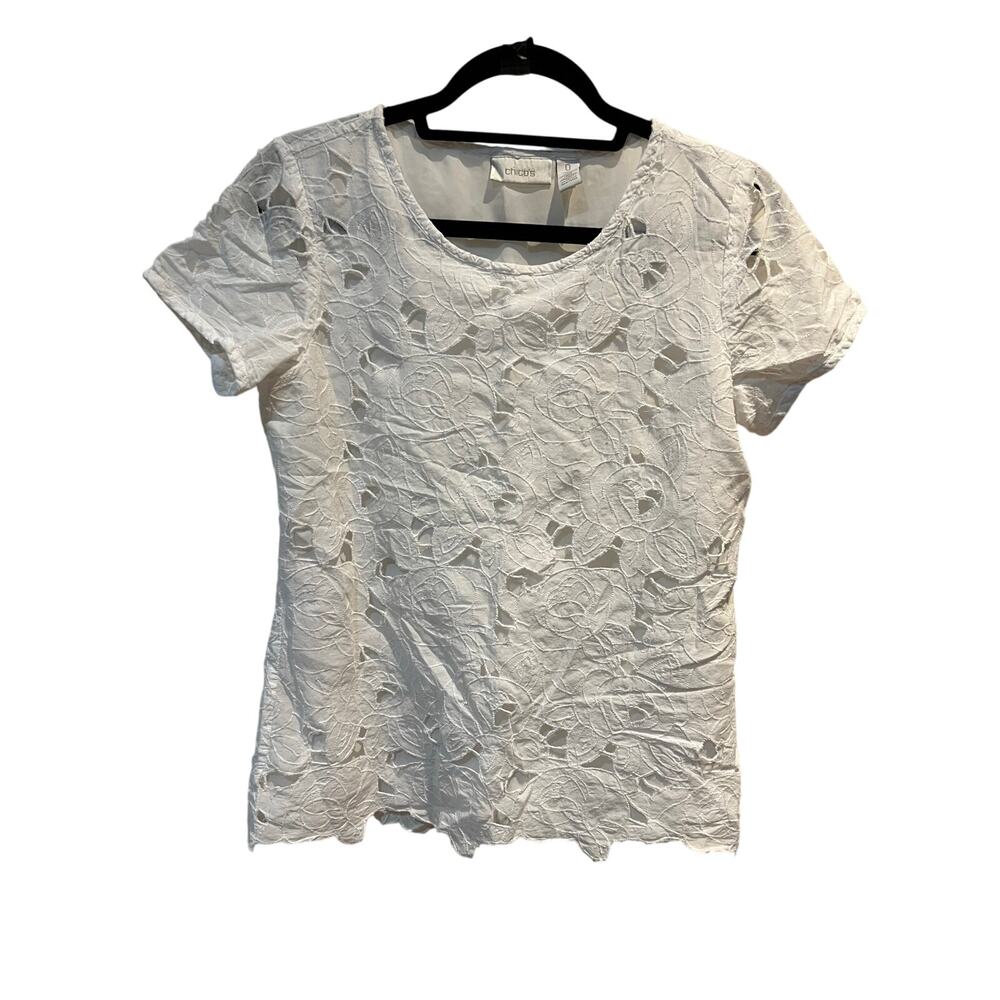 Chico’s White Floral Lace Top Size Women’s 0 Small Scoop Neck Lined Short Sleeve